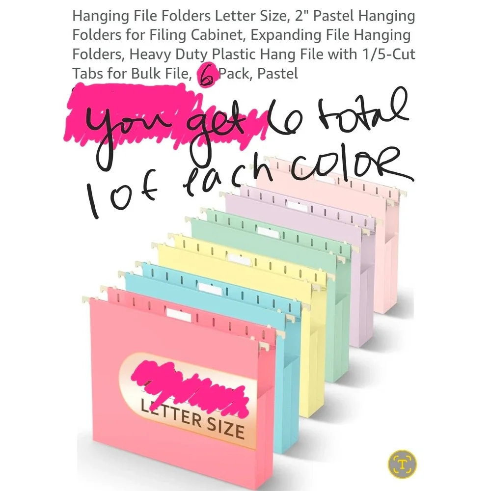 6 Pack Pastel Hanging File Folders Letter Size 2 Inch Expandable Plastic 1/5 Tab